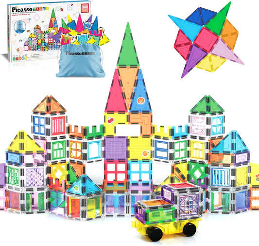 Colorful magnetic tiles built into a tower and a car on a wheeled base