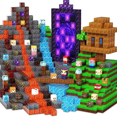 Colorful magnetic cubes stacked into towers and small figures