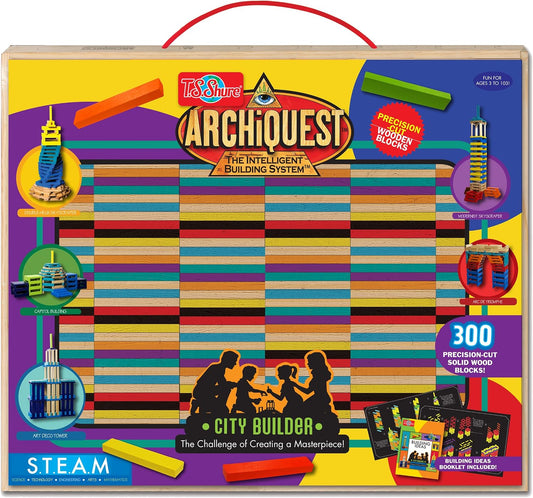 Colorful painted wooden blocks built into a small city next to a wooden box