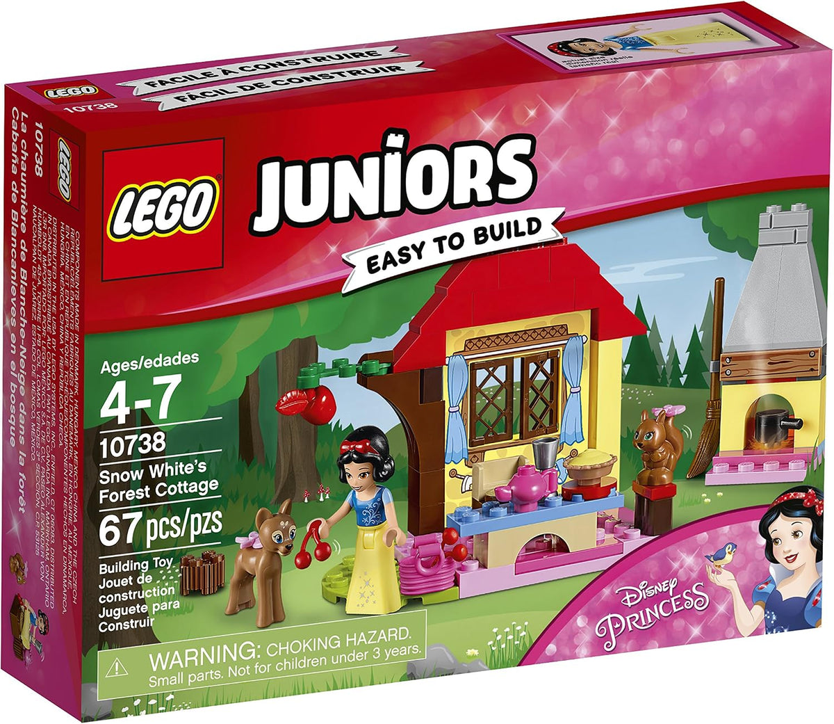 Small brick forest cottage with princess figure, deer and picnic table