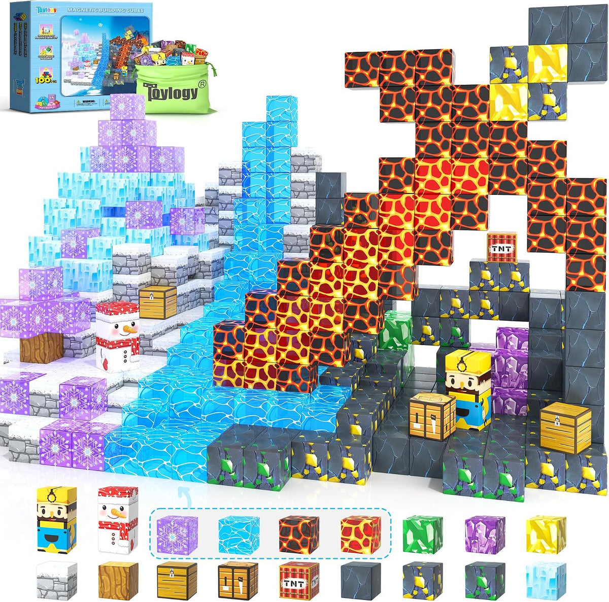 Green and brown 1-inch magnetic cubes built into a forest scene with dinosaur figures – view 5