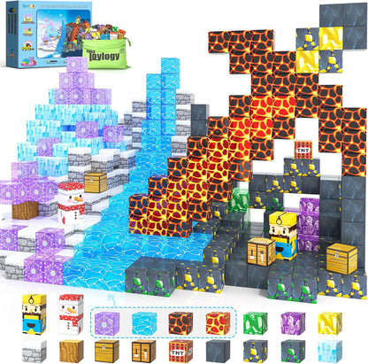 Green and brown 1-inch magnetic cubes built into a forest scene with dinosaur figures – view 5