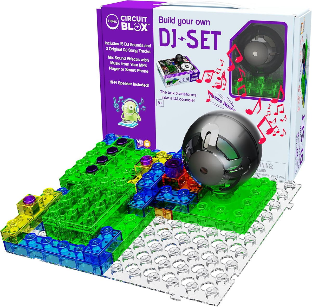 Circuit building blocks assembled into a DJ mixing board with buttons and a speaker on its box