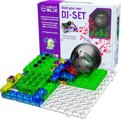 Circuit building blocks assembled into a DJ mixing board with buttons and a speaker on its box