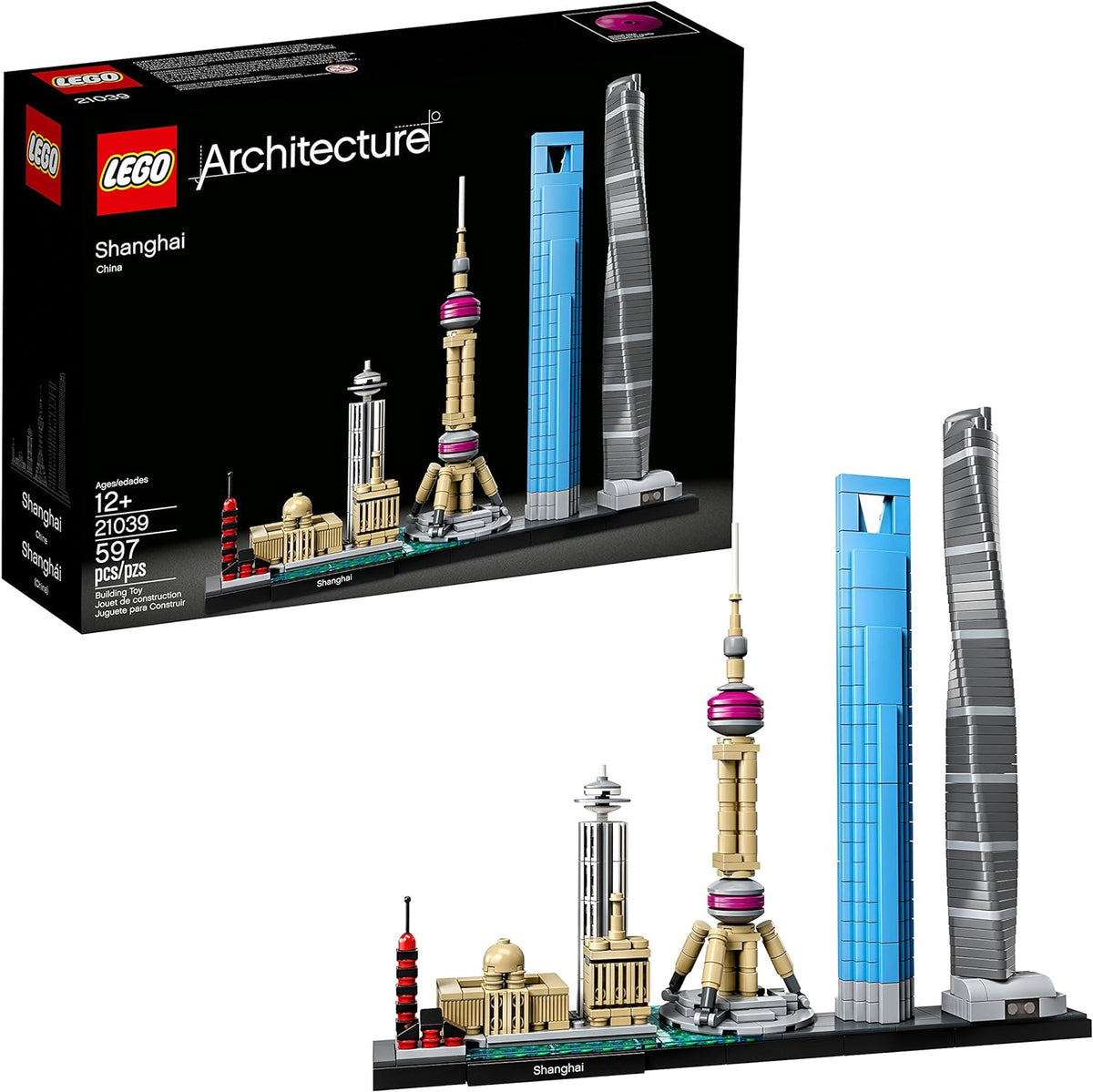 Brick-built Shanghai skyline with temple, pagoda and Bund buildings