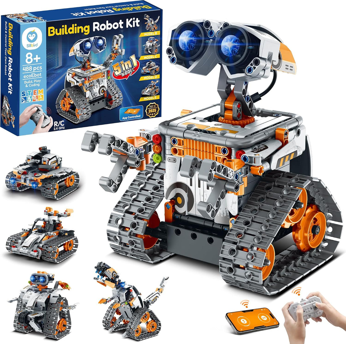 Brick-built wheeled robot with remote control and smartphone app – view 2