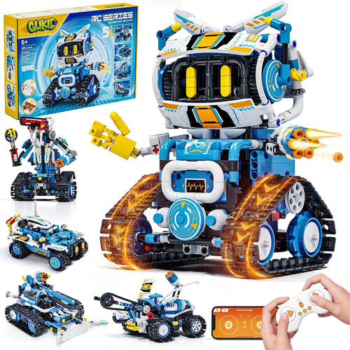 Assembled STEM robot from a 5-in-1 robotics kit next to its remote