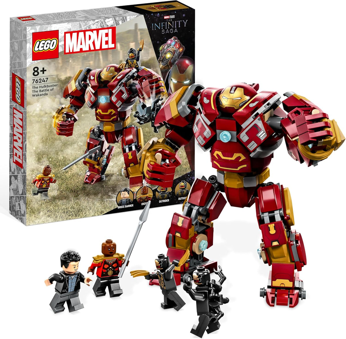 Large red and gold brick robot suit with open cockpit and four small figures