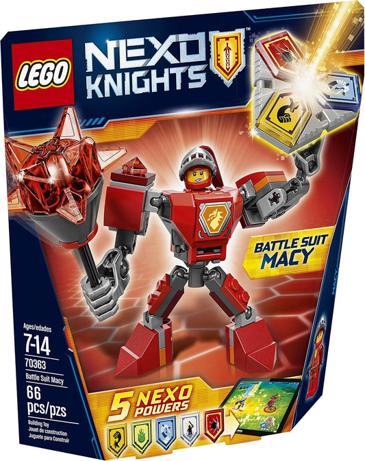 Small brick-built knight mech suit holding a large mace and shield