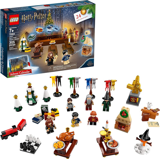 Open holiday advent calendar with small brick-built wizard figures and objects