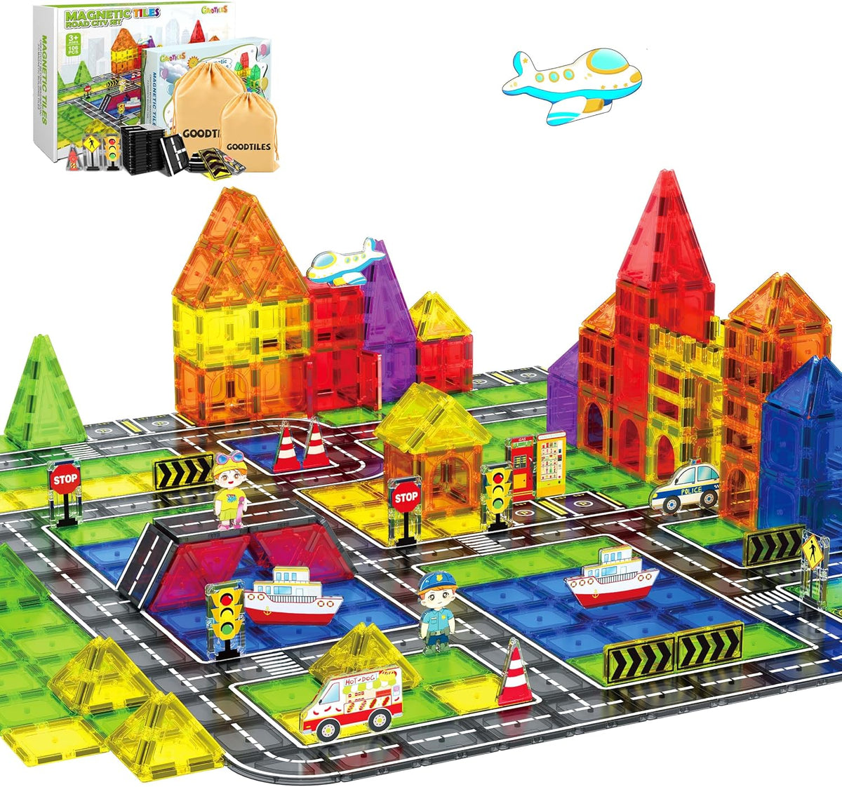 Colorful magnetic tiles arranged into roads and small buildings