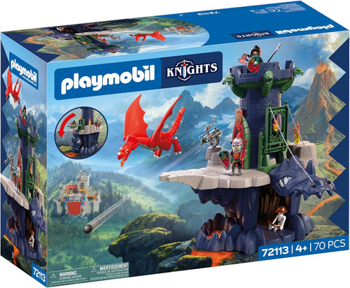 Rocky dragon tower playset with drawbridge, dragon on top and knight figures