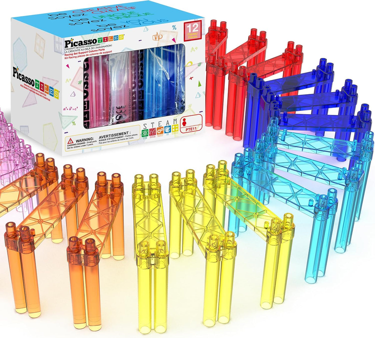 Multi-level magnetic tile race track with three light-up LED cars on the slopes – view 3