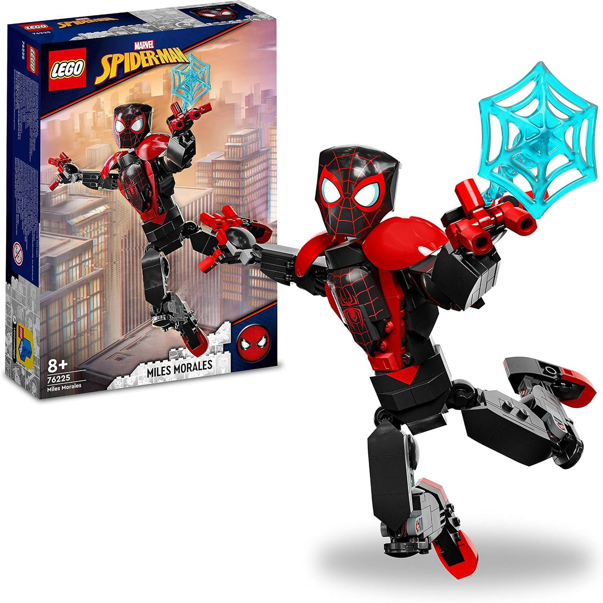 Black and red brick-built superhero figure in a crouching pose with web elements