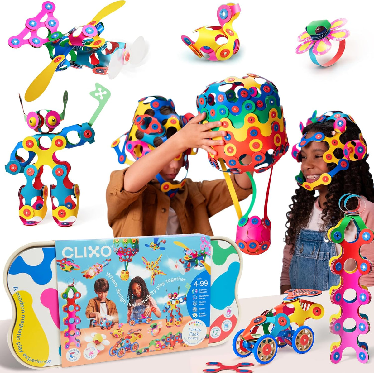 Rainbow flexible magnetic building pieces clicked together into a colorful 3D shape – view 3