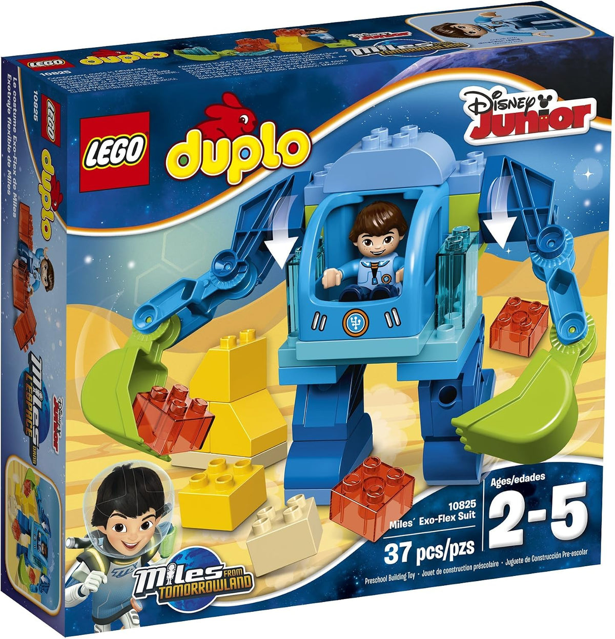 Large-brick space exo suit robot with figure seated in the cabin