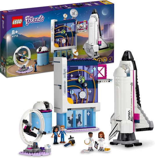 Built space academy with mission control, white space shuttle, telescope and four mini-doll figures