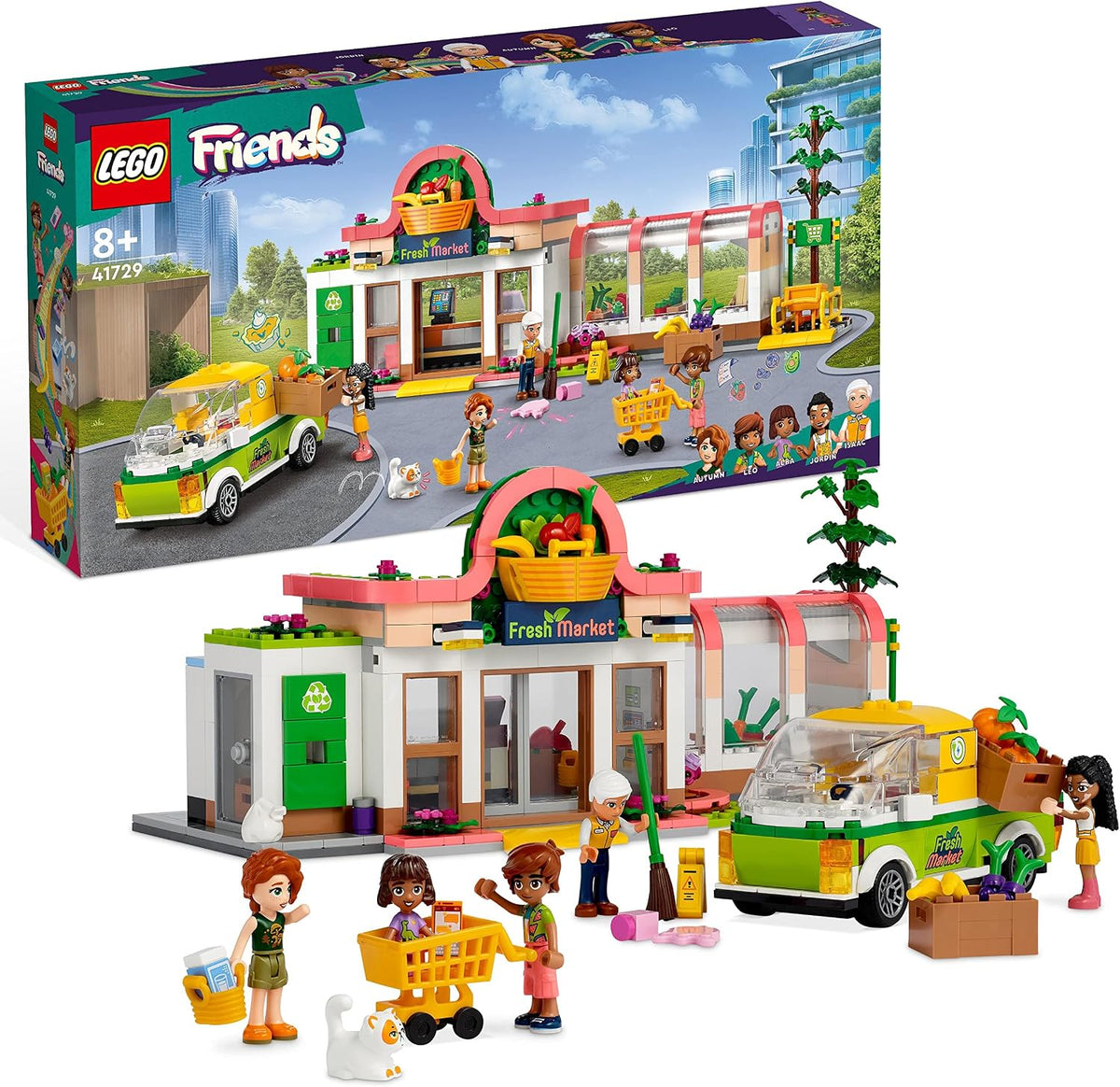 Brick-built organic grocery store with delivery van, shopping carts and mini-doll figures