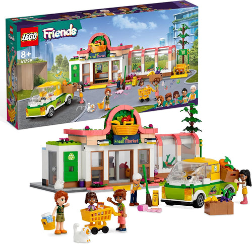 Brick-built organic grocery store with delivery van, shopping carts and mini-doll figures