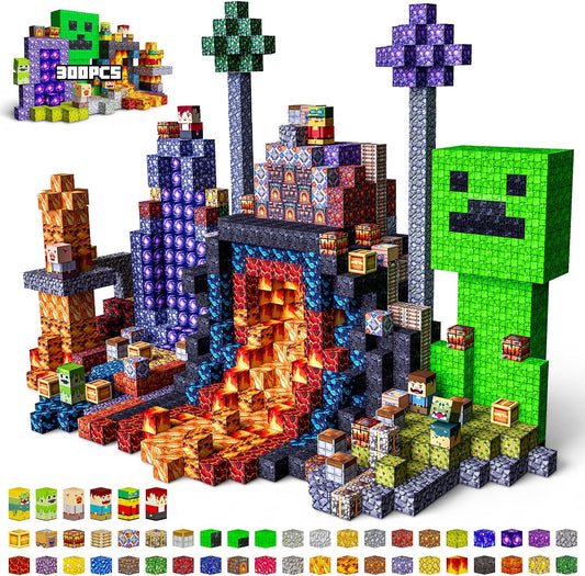 Pixel-style lava portal scene built from small colored magnetic cubes