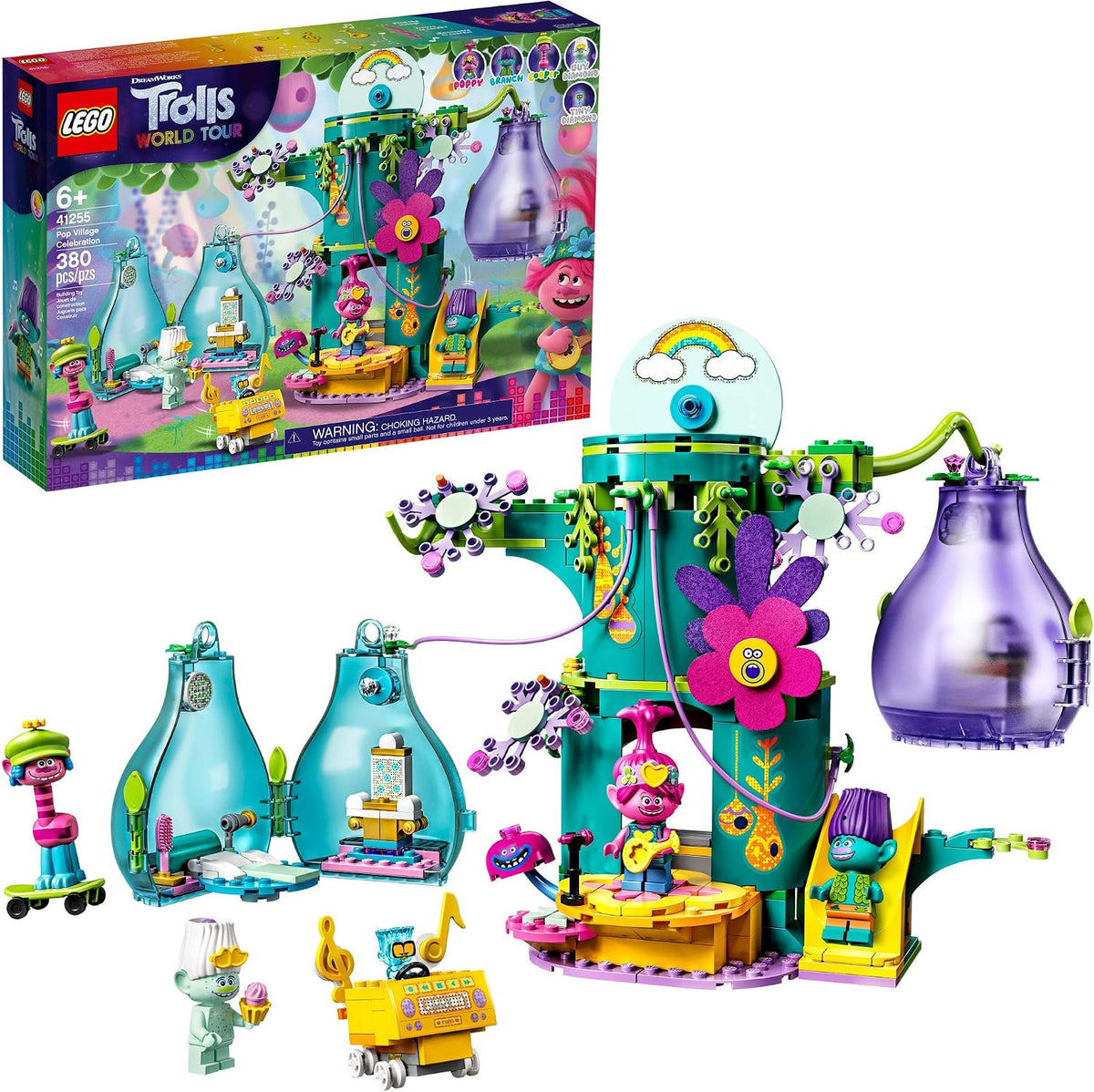 Colorful brick-built treehouse with hanging pods and small figures