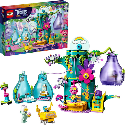 Colorful brick-built treehouse with hanging pods and small figures