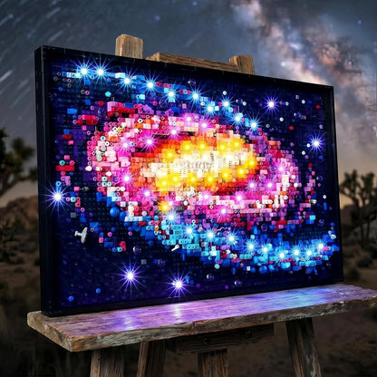Milky Way galaxy brick art panel glowing with LED lights and a handheld remote