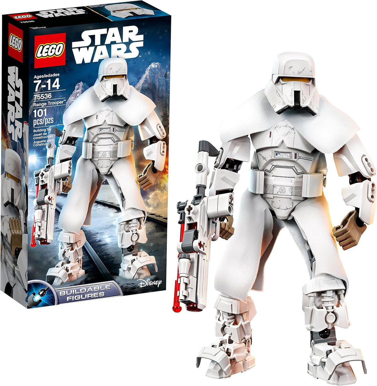 White armored brick-built soldier figure with fur cloak and blaster on a gray stand
