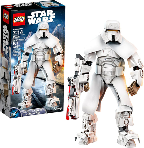 White armored brick-built soldier figure with fur cloak and blaster on a gray stand