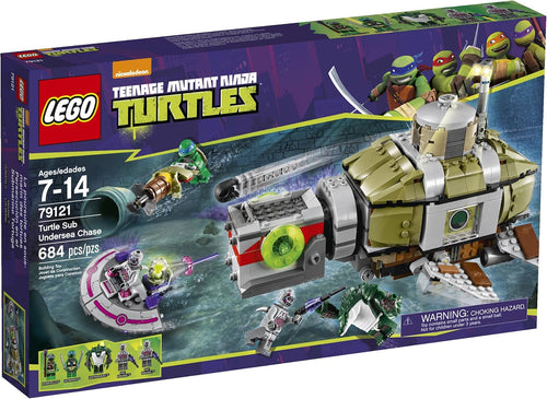 Brick-built green turtle shell submarine with mini enemy sub and figures