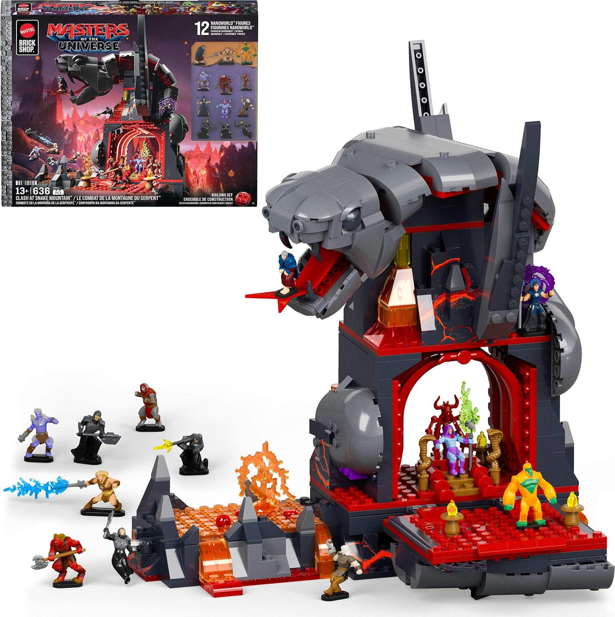 Brick-built dark serpent-headed fortress with small hero and villain figures