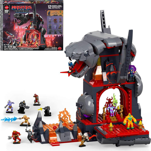 Brick-built dark serpent-headed fortress with small hero and villain figures