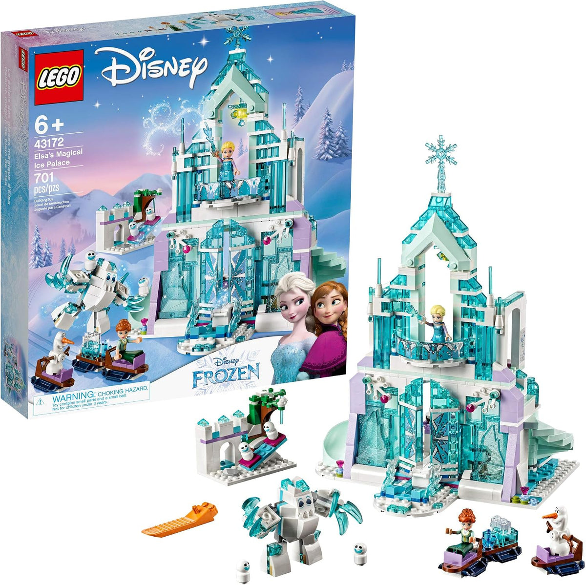 Two-story ice palace brick model with blue spires, sleigh and mini dolls – view 2