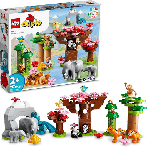 Large-brick toddler animal scene with elephants, pandas and a cherry blossom tree