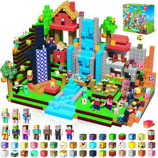 Magnetic block world scene with small action figures