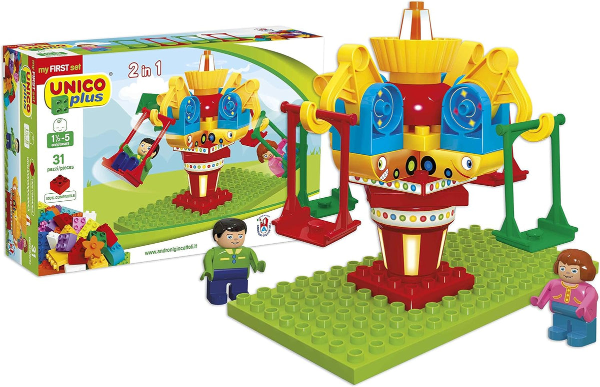 Colorful large brick carousel with two rider characters