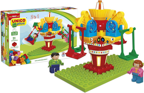 Colorful large brick carousel with two rider characters
