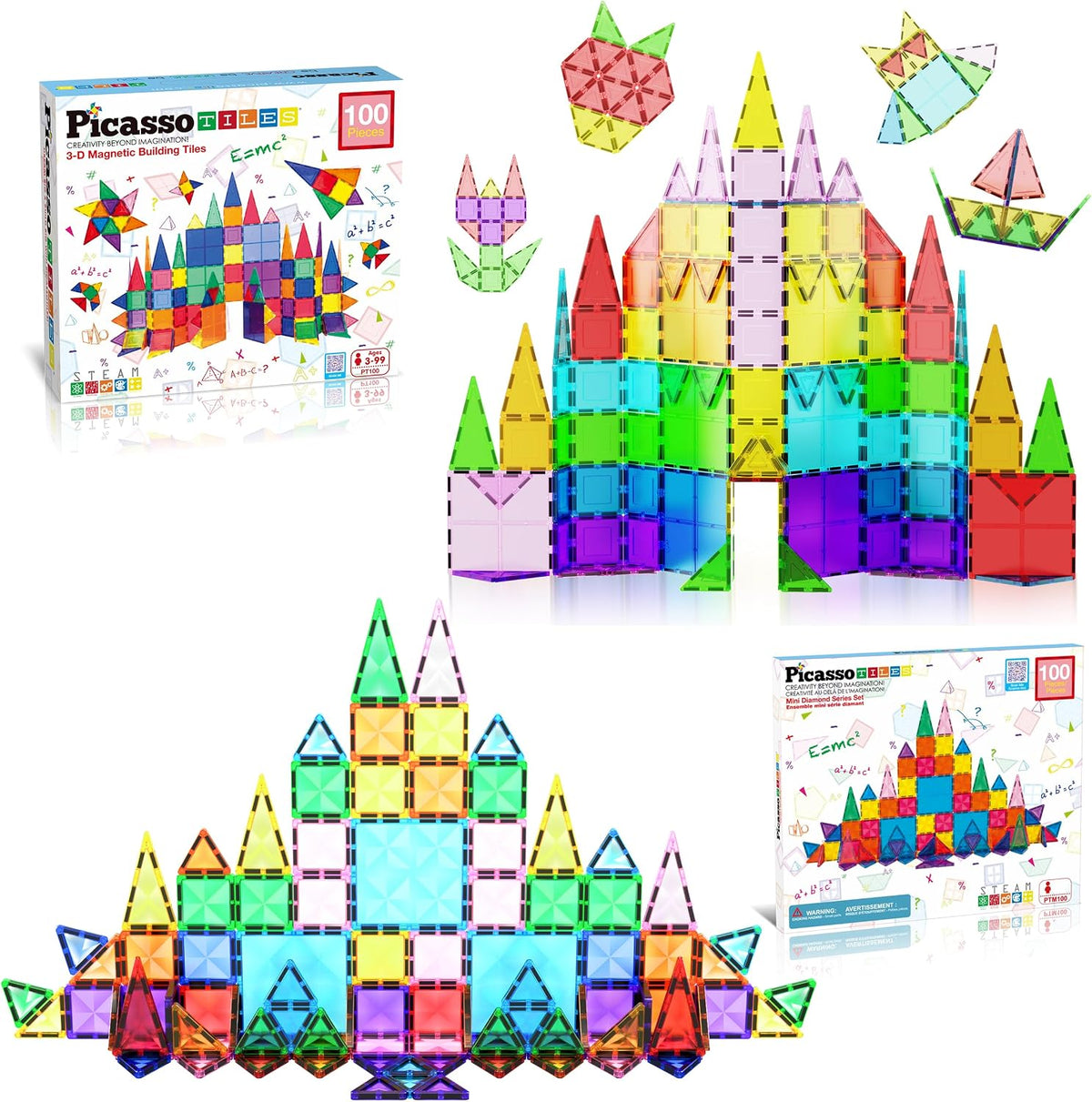 Colorful magnet tiles and small diamond-shaped construction blocks on a table