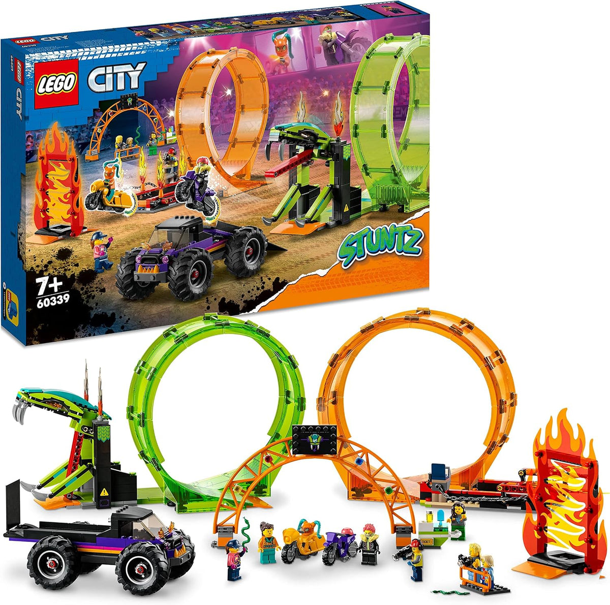 Brick stunt arena with double loop, monster truck and stunt bike riders