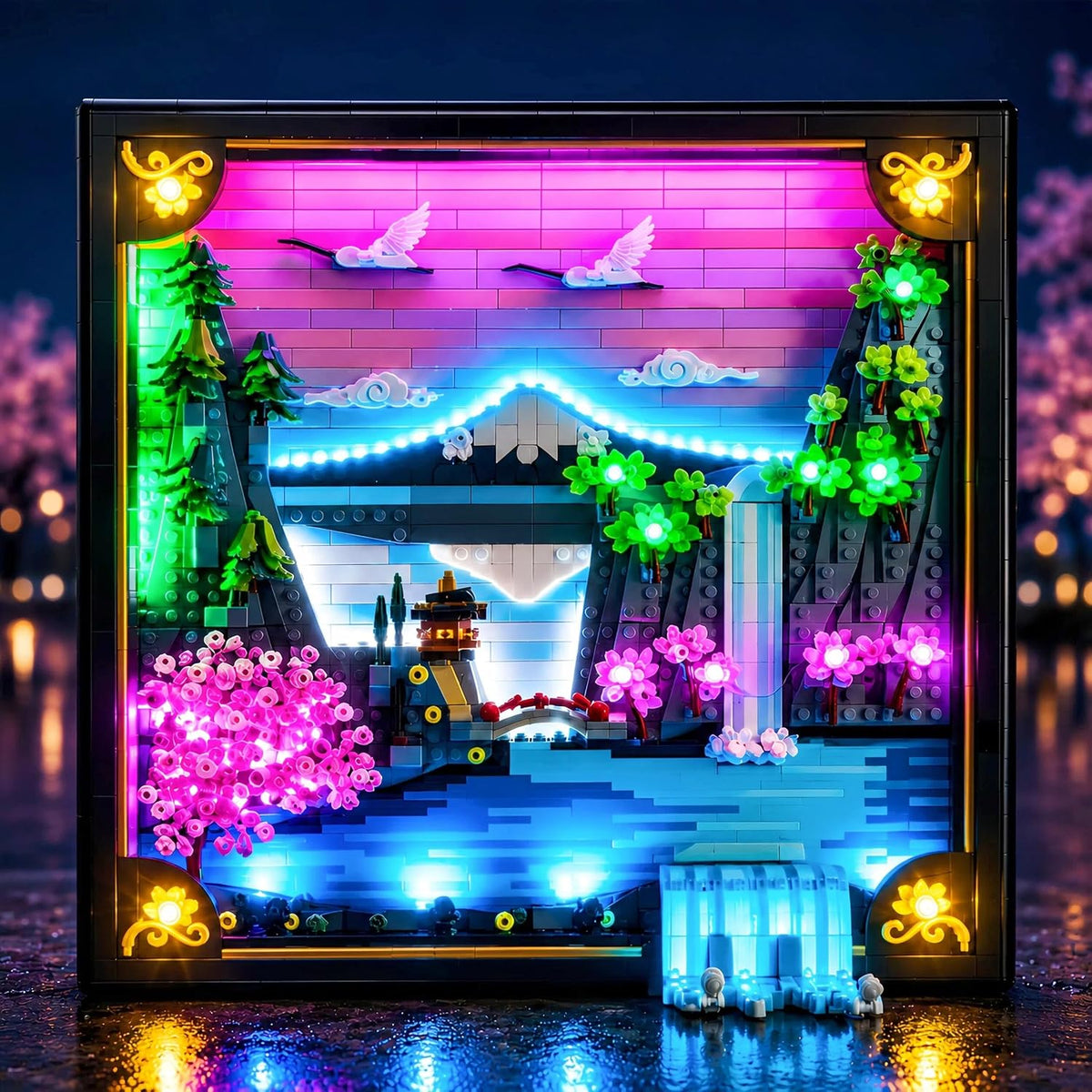 LED lights glowing in a Japanese cherry blossom landscape brick model