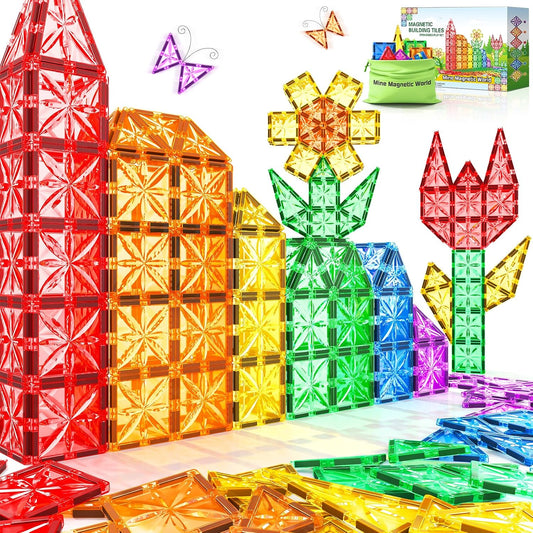 Colorful magnetic building blocks stacked into a small tower