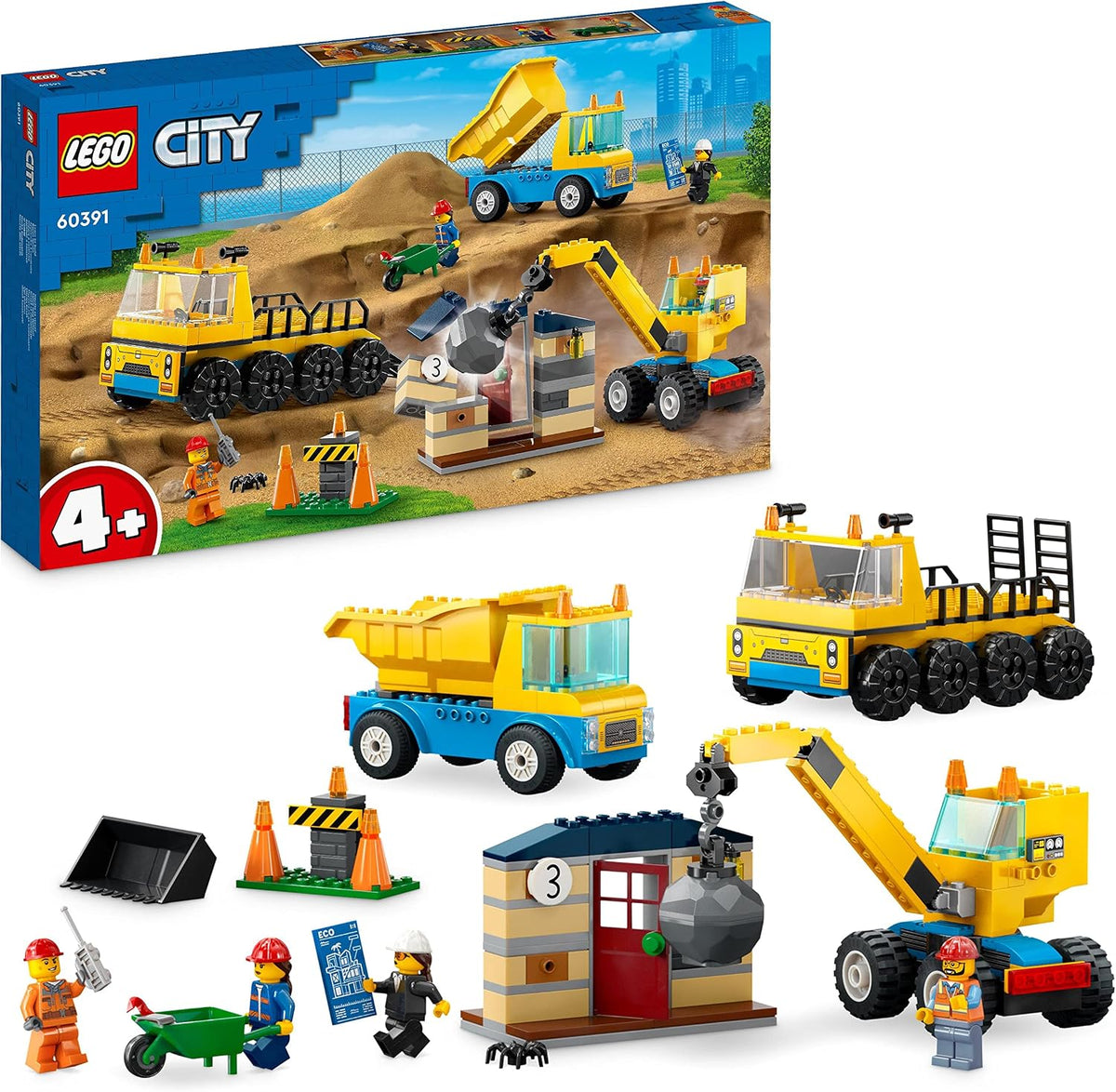 Yellow brick-built crane with wrecking ball, dump truck and transporter beside a partly demolished house