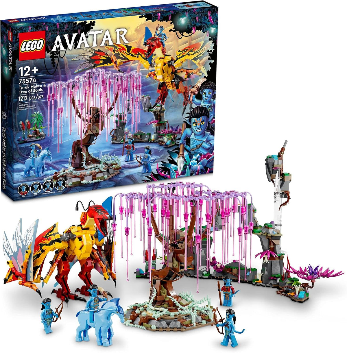 Glowing spirit tree brick scene with alien figures and a large winged creature