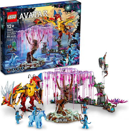 Glowing spirit tree brick scene with alien figures and a large winged creature