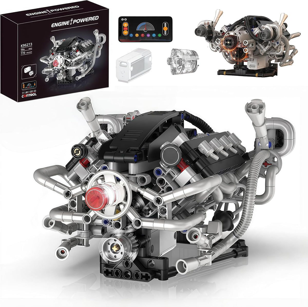 Transparent V12 engine model with visible pistons and lighting – view 2