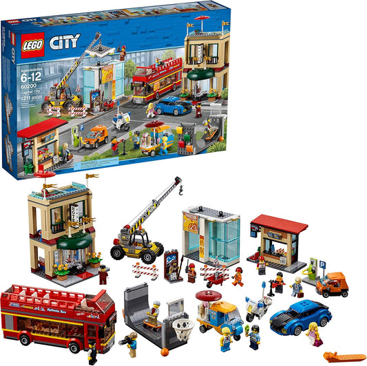 Built town playset with hotel, double-decker bus, crane and figures
