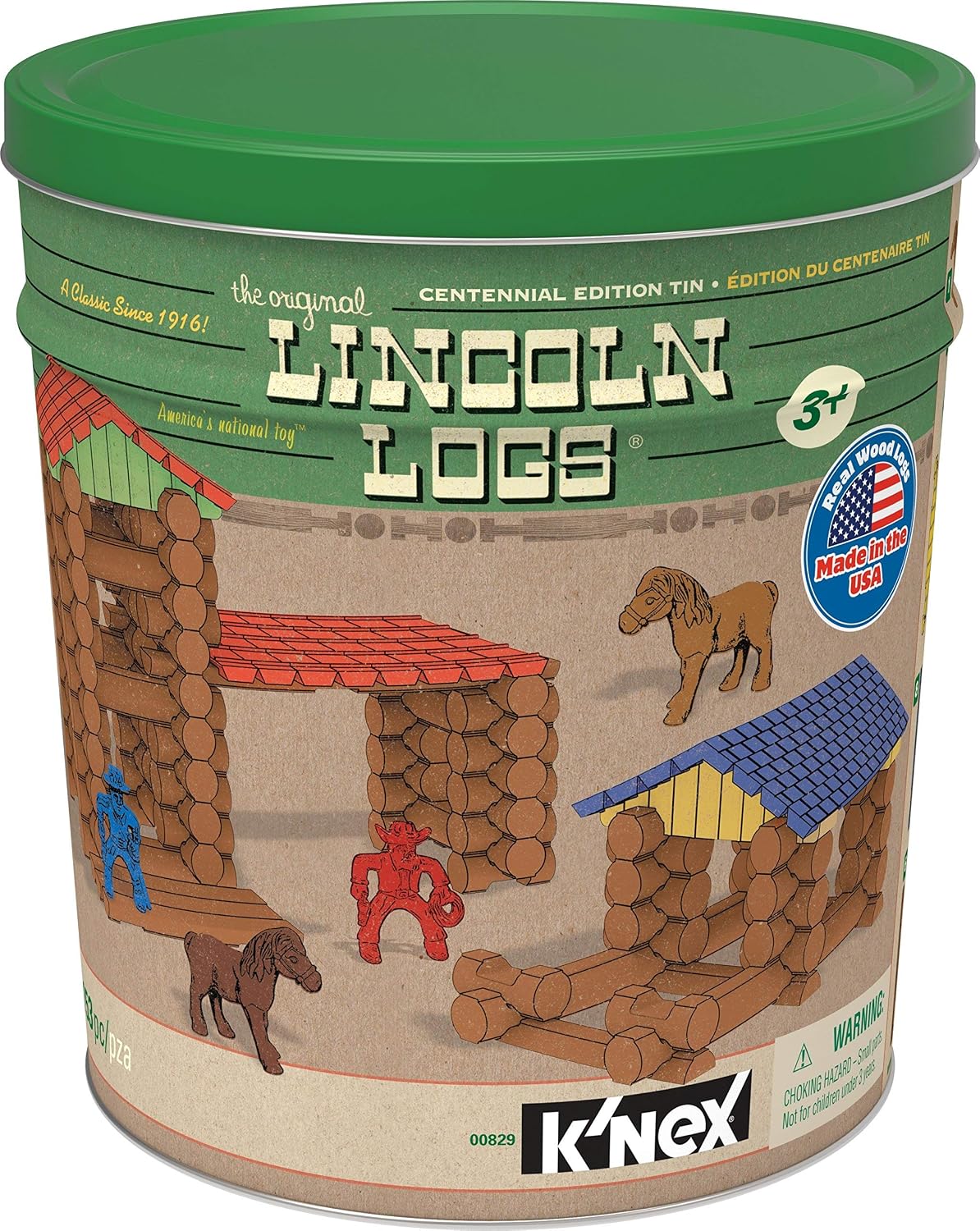 Classic toy log cabin built beside its round storage tin