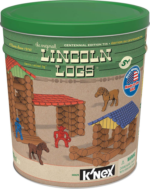 Classic toy log cabin built beside its round storage tin