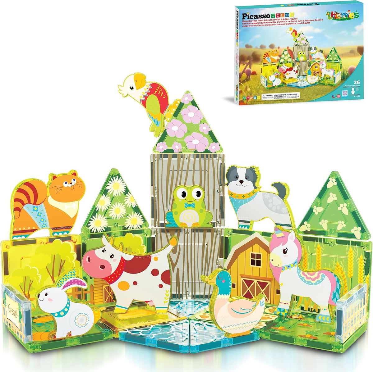Colorful magnetic tiles built into an enclosure with safari animal figures – view 2
