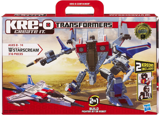 Brick-built robot figure beside the same set built as a fighter jet